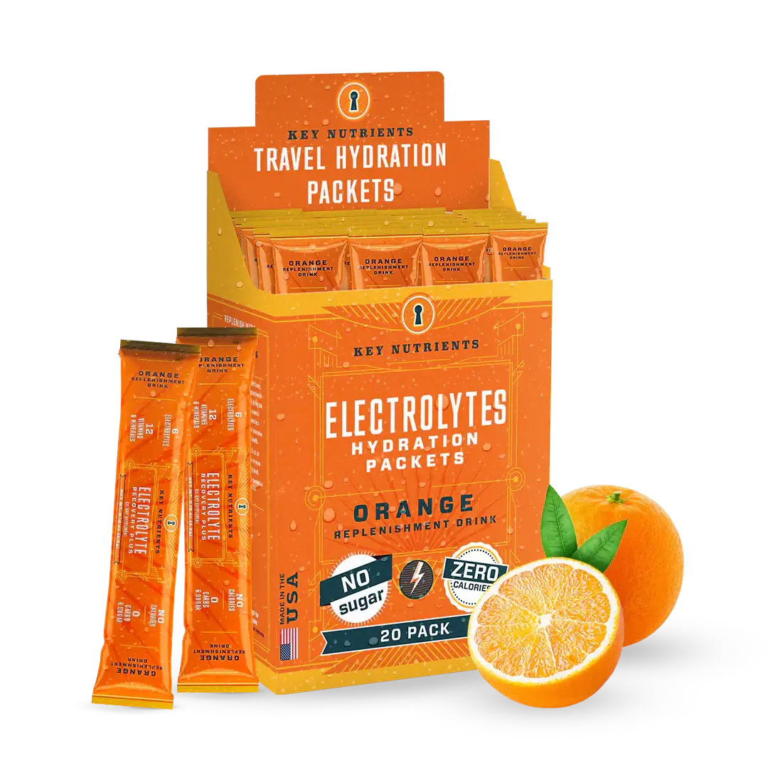 Sugar-Free Electrolyte Recovery Powder for Hydration in orange packets for quick hydration on the go.