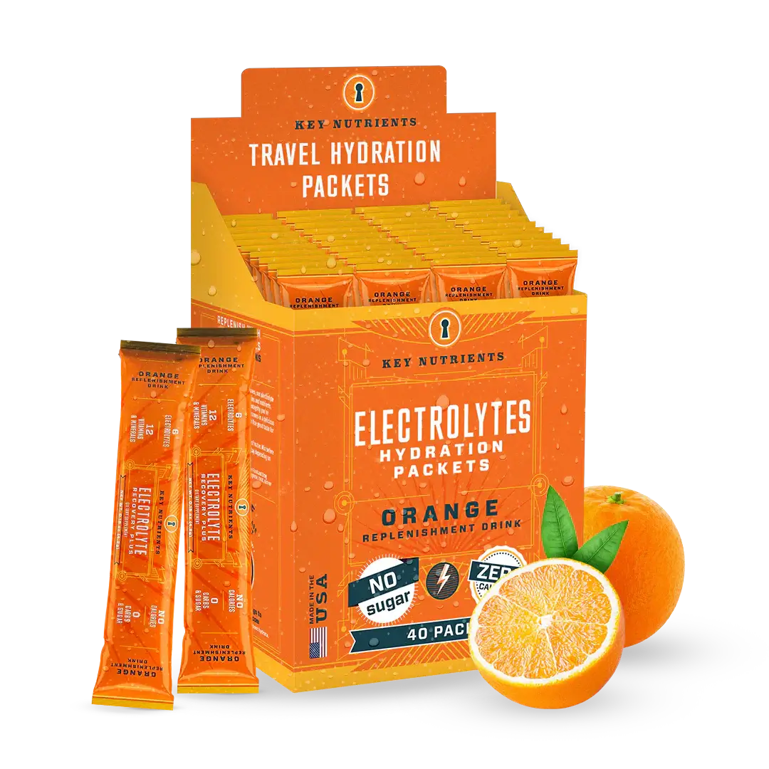 Sugar-Free Electrolyte Recovery Powder for Hydration packets in orange flavor for on-the-go hydration.