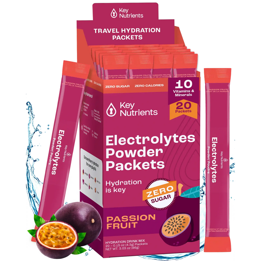 Sugar-Free Electrolyte Recovery Powder for Hydration in Passion Fruit flavor, perfect for travel hydration and electrolyte replenishment.