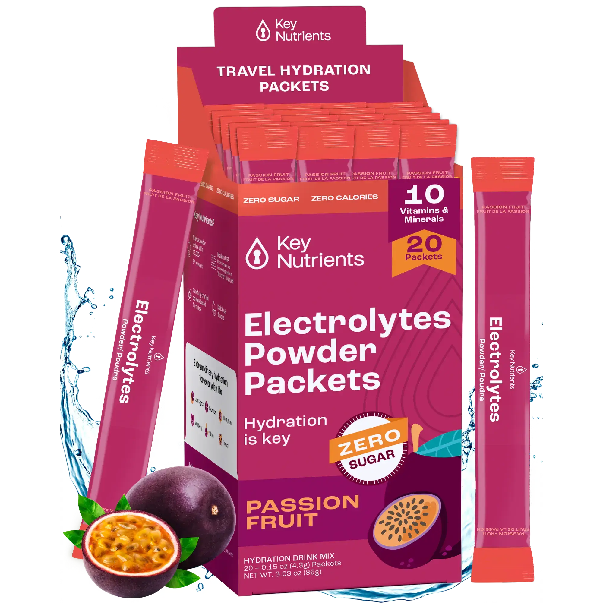 Sugar-Free Electrolyte Recovery Powder for Hydration in Passion Fruit flavor, perfect for travel hydration and electrolyte replenishment.
