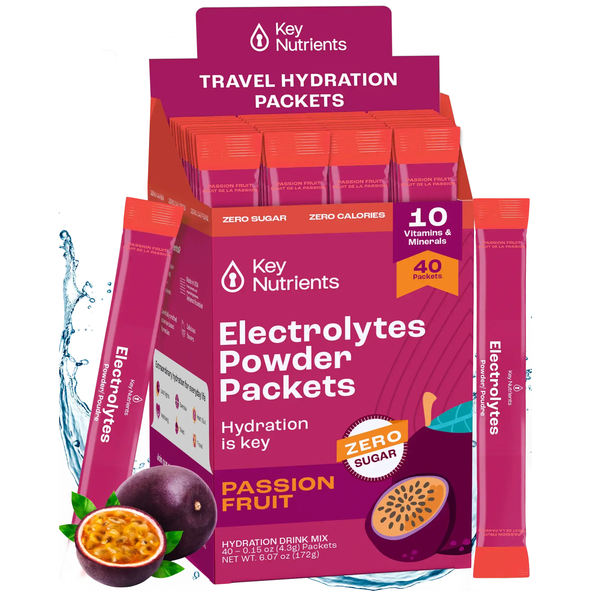 Sugar-Free Electrolyte Recovery Powder for Hydration - Key Nutrients Passion Fruit Electrolytes Powder Packets
