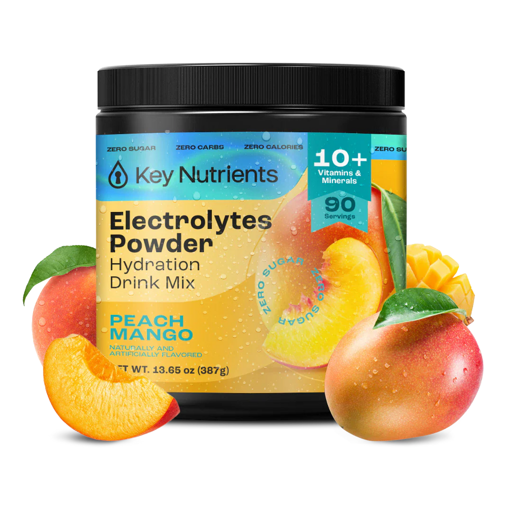Sugar-Free Electrolyte Recovery Powder for Hydration - Key Nutrients Electrolytes Powder in Peach Mango flavor.