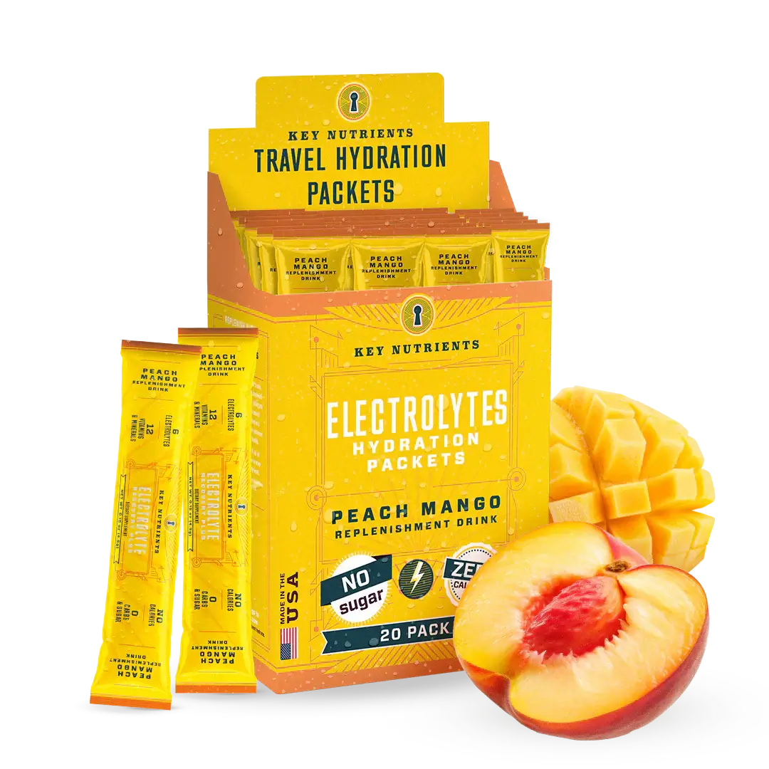 Sugar-Free Electrolyte Recovery Powder for Hydration in Peach Mango flavor with travel hydration packets.