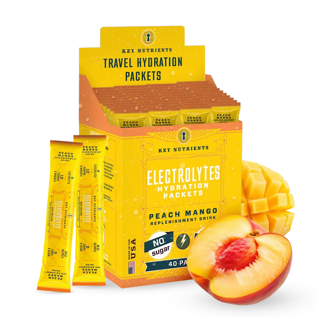Sugar-Free Electrolyte Recovery Powder for Hydration travel hydration packets in peach mango flavor.