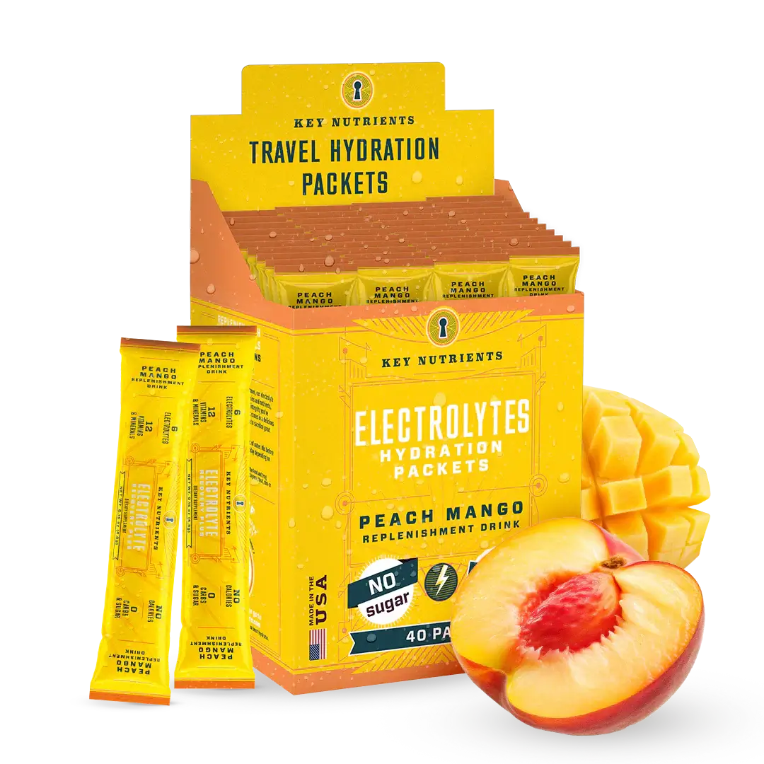 Sugar-Free Electrolyte Recovery Powder for Hydration travel hydration packets in peach mango flavor.
