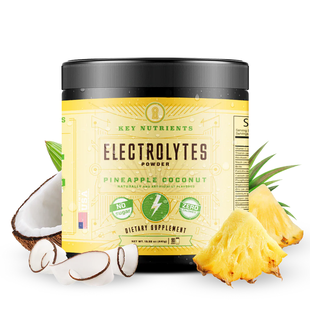 Sugar-Free Electrolyte Recovery Powder for Hydration in pineapple coconut flavor with coconut and pineapple pieces.