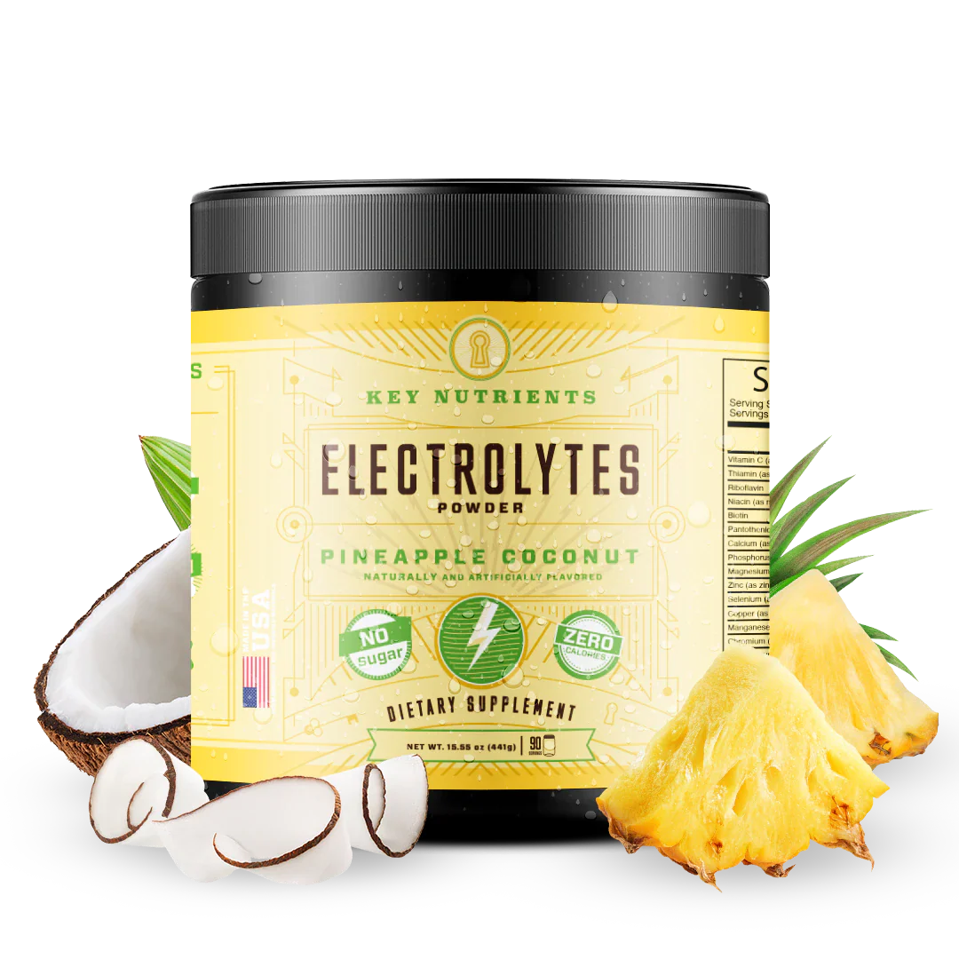 Sugar-Free Electrolyte Recovery Powder for Hydration in pineapple coconut flavor with coconut and pineapple pieces.