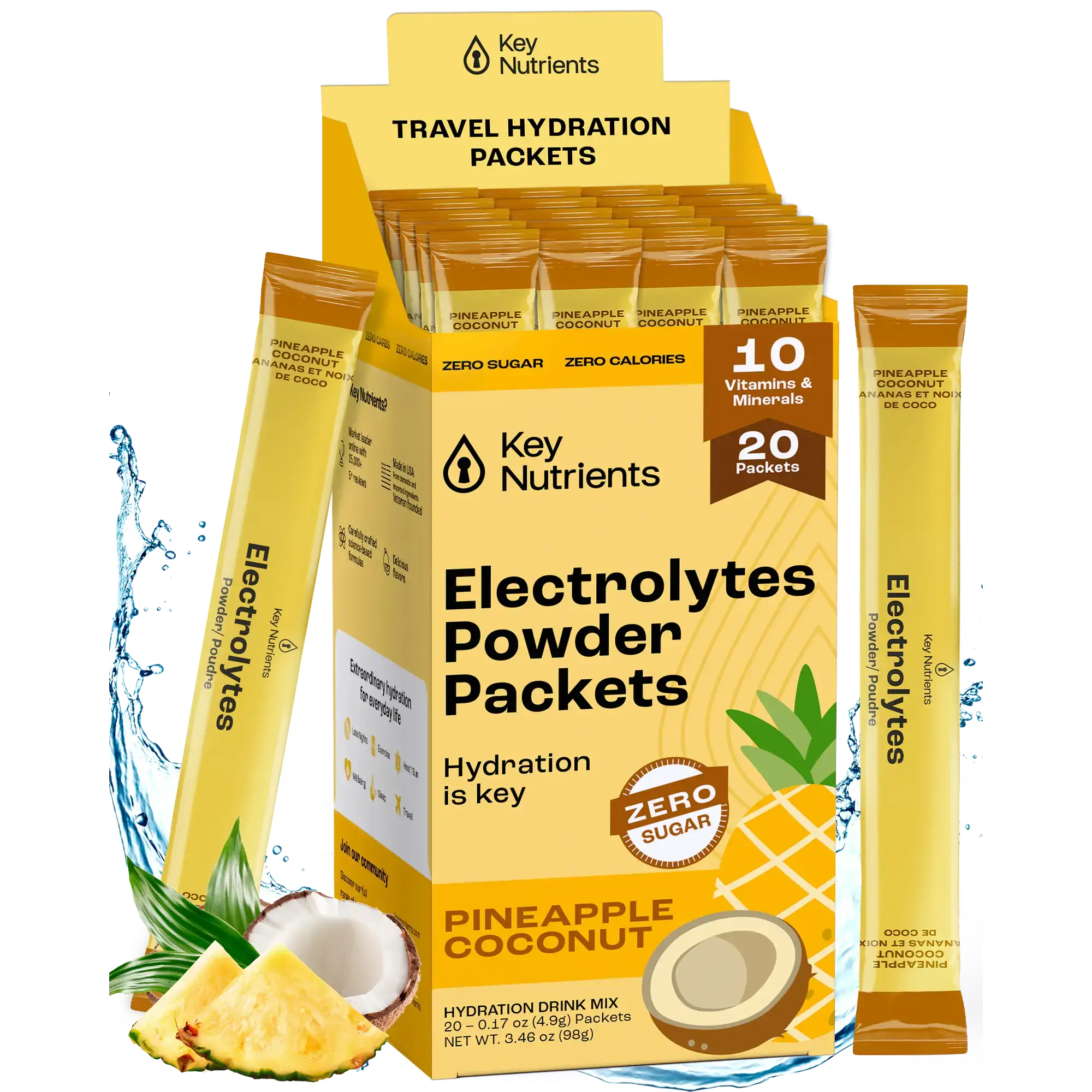 Sugar-Free Electrolyte Recovery Powder for Hydration in travel packets with pineapple coconut flavor.