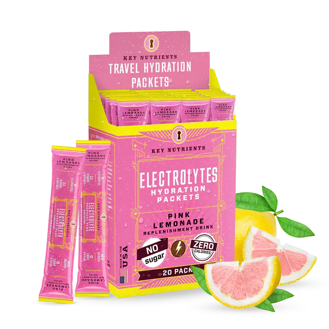 Sugar-Free Electrolyte Recovery Powder for Hydration travel hydration packets featuring pink lemonade flavor.