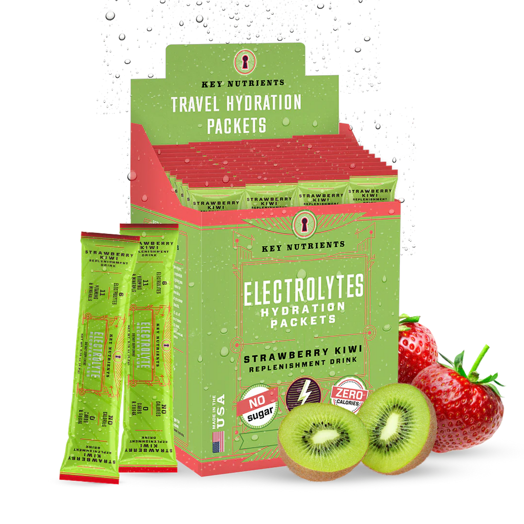 Sugar-Free Electrolyte Recovery Powder for Hydration in travel hydration packets with strawberry kiwi flavor.