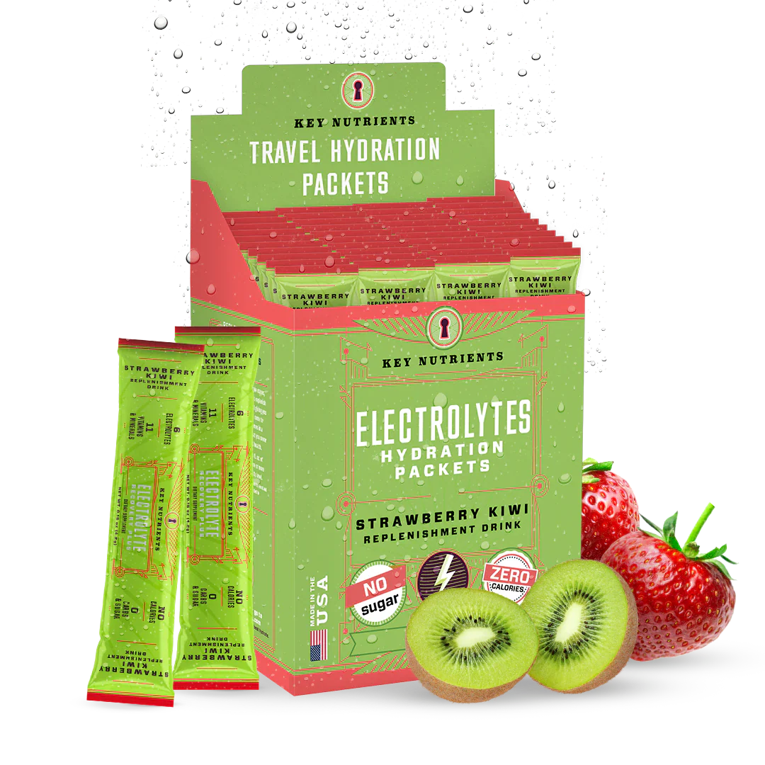 Sugar-Free Electrolyte Recovery Powder for Hydration in travel hydration packets with strawberry kiwi flavor.