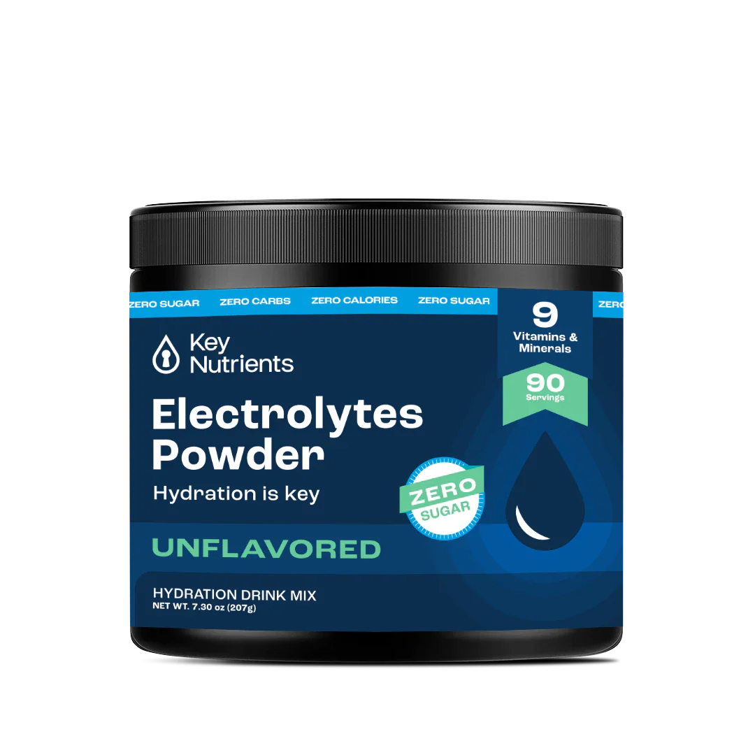 Sugar-Free Electrolyte Recovery Powder for Hydration in a black container with blue label, hydration drink mix, unflavored.
