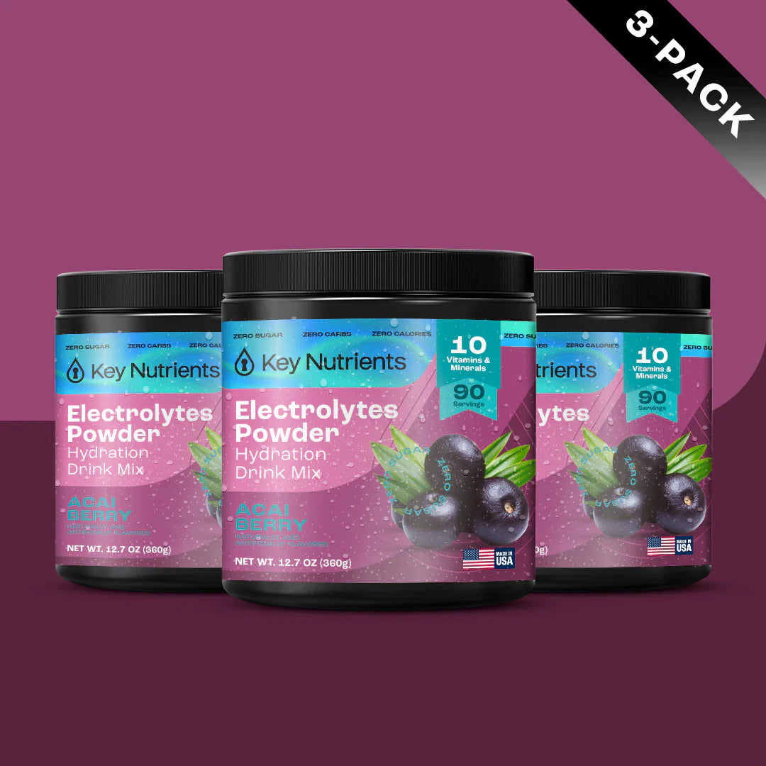 Sugar-Free Electrolyte Recovery Powder for Hydration - Key Nutrients 3 pack with acai flavor.