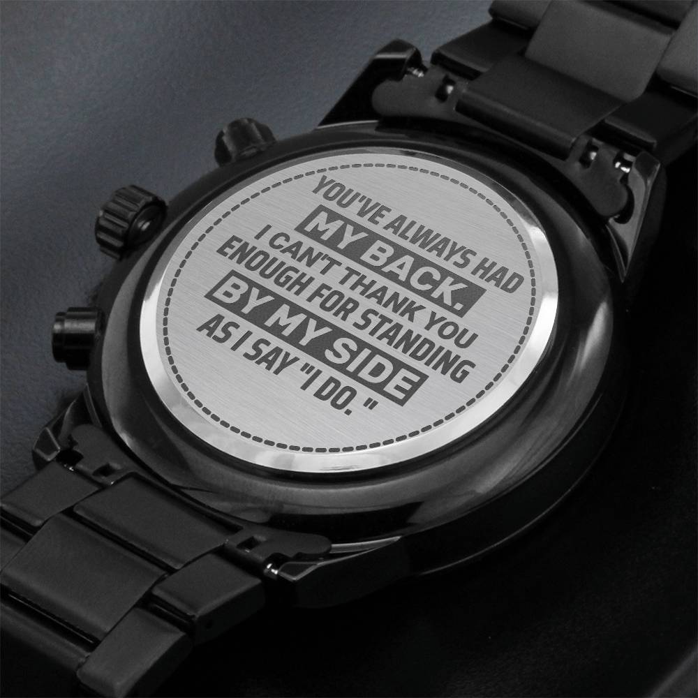 Engraved Groomsman Chronograph Watch Gift for Wedding Party with heartfelt message on back.