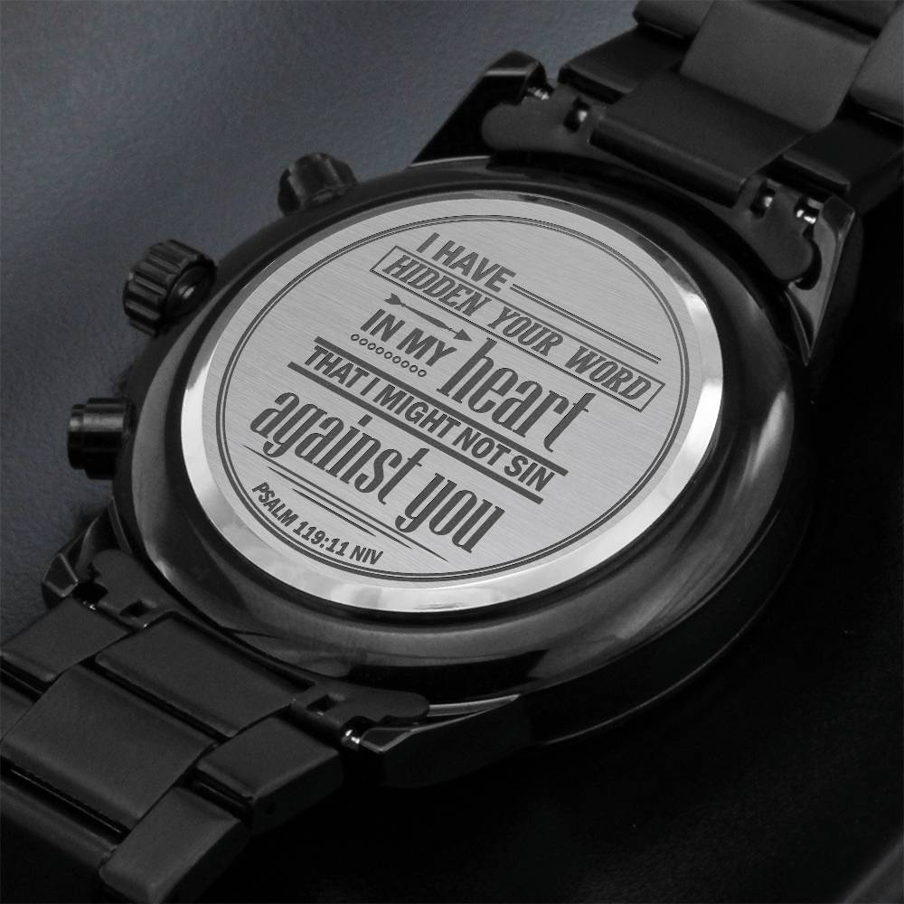 Engraved design men's watch with personalized message on the stainless steel back.