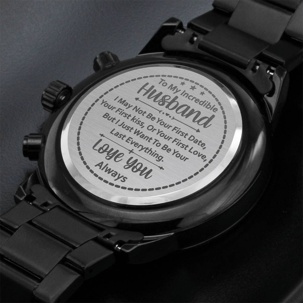 Engraved chronograph watch for men with heartfelt message for husband on the back.