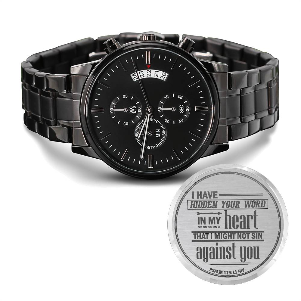 Engraved design men's watch with black chronograph face and a metal band, featuring an inspirational inscription.