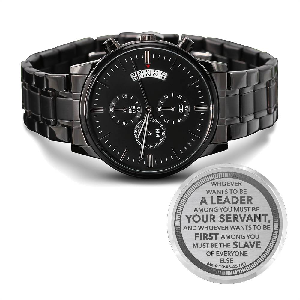 Engraved black chronograph watch with sleek black design and inspirational message disc.