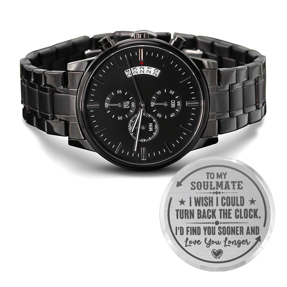 Engraved black chronograph watch with black strap and personalized message for soulmates