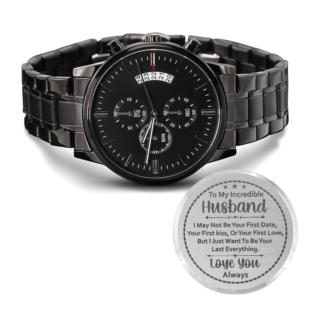 Engraved chronograph watch for men with a black face and band, featuring three dials and calendar function.