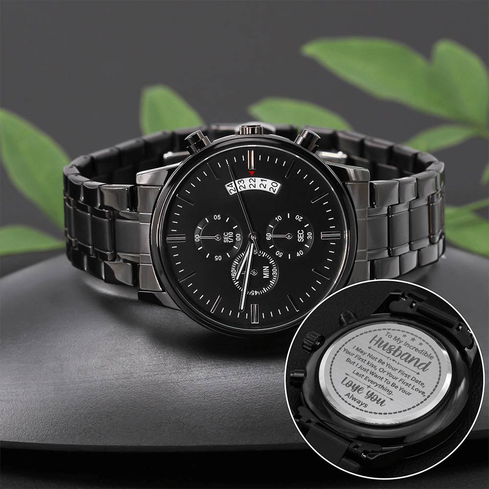 Engraved chronograph watch for men featuring a sleek black design and personalized message for husbands.