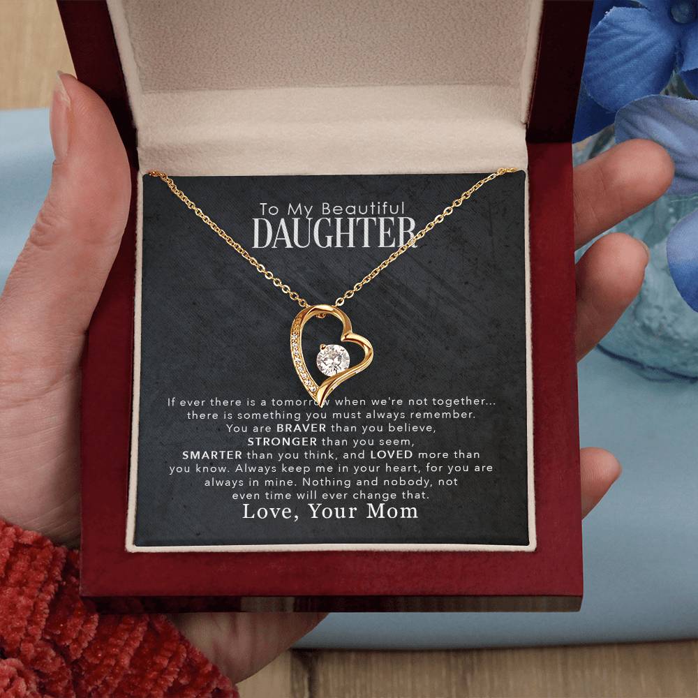 Forever love necklace displayed in a gift box with heartfelt message for daughter.