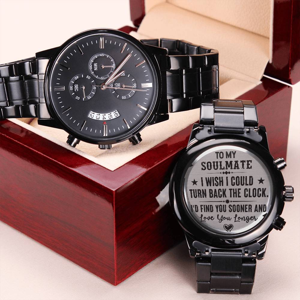 Engraved black chronograph watch displayed in a gift box with personalized message for soulmate.