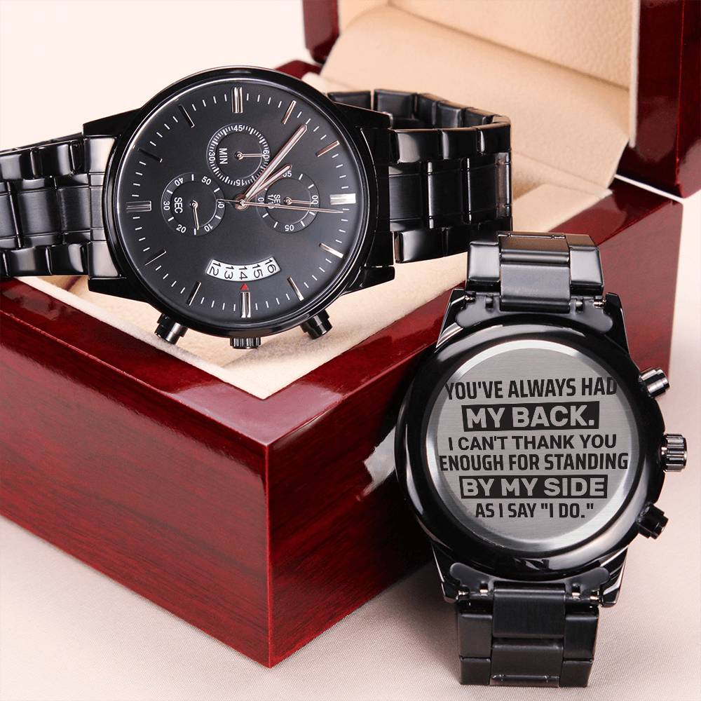 Engraved Groomsman Chronograph Watch Gift for Wedding Party showing heartfelt message and elegant design.
