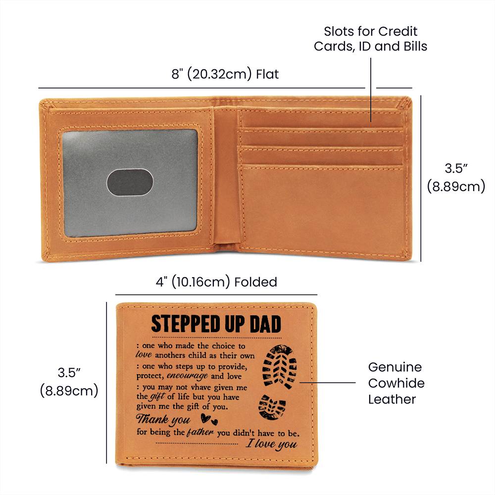 Leather wallet gift for stepdad showing slots for credit cards, ID, bills, and heartfelt message.