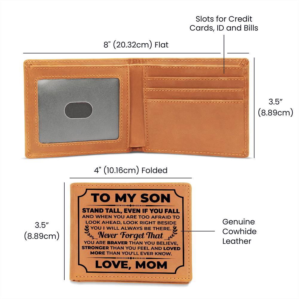To My Son graphic leather wallet showing slots for cards, ID, and bills, perfect leather wallet gift for son.