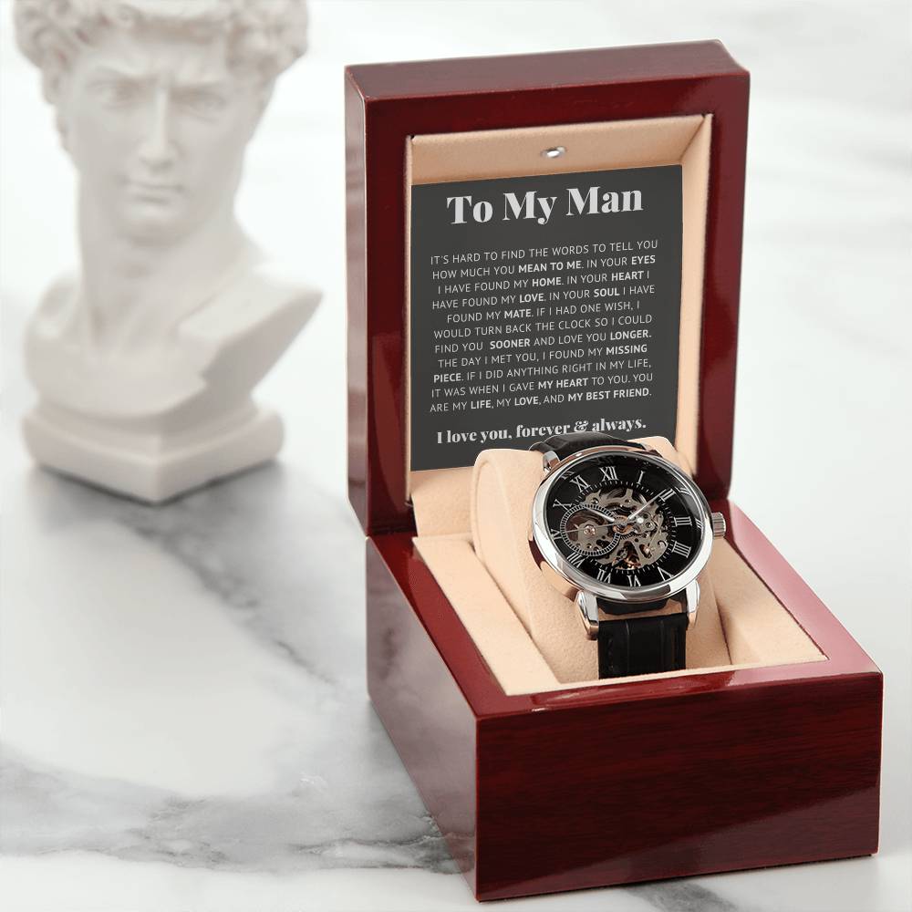 Luxury Openwork Watch Gift for Him Romantic Skeleton in a wooden gift box with heartfelt message.