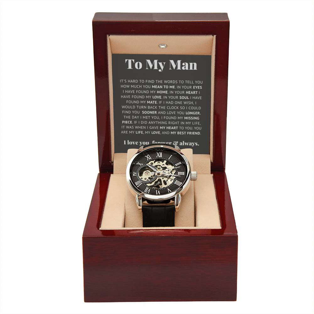 Luxury Openwork Watch Gift for Him Romantic Skeleton in a gift box with heartfelt message for romantic occasions.