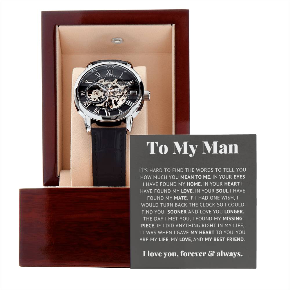 Luxury Openwork Watch Gift for Him Romantic Skeleton displayed in a gift box with heartfelt message card.