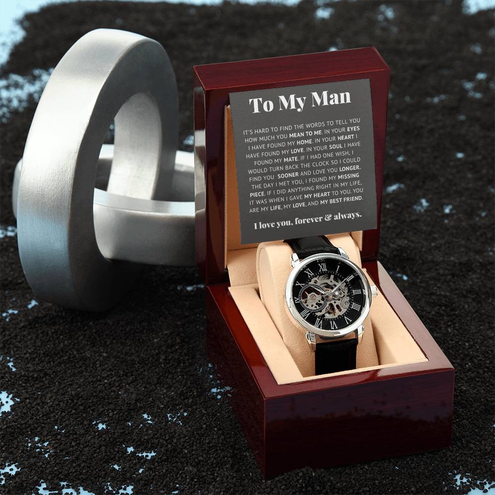 Luxury Openwork Watch Gift for Him Romantic Skeleton in a presentation box with heartfelt message for boyfriend.
