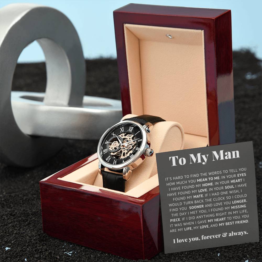 Luxury Openwork Watch Gift for Him Romantic Skeleton in display box with heartfelt message for him.