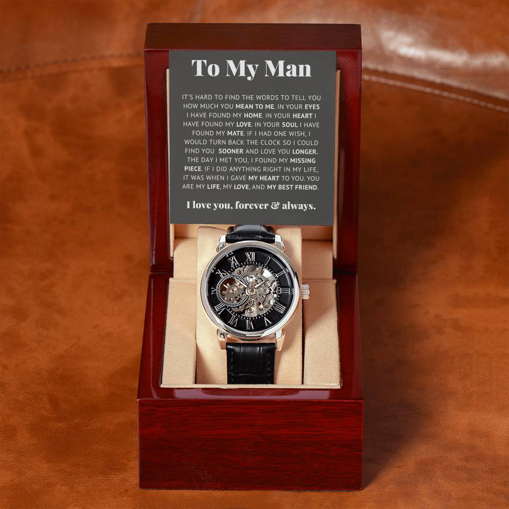 Luxury Openwork Watch Gift for Him Romantic Skeleton displayed in elegant box with heartfelt message for love.