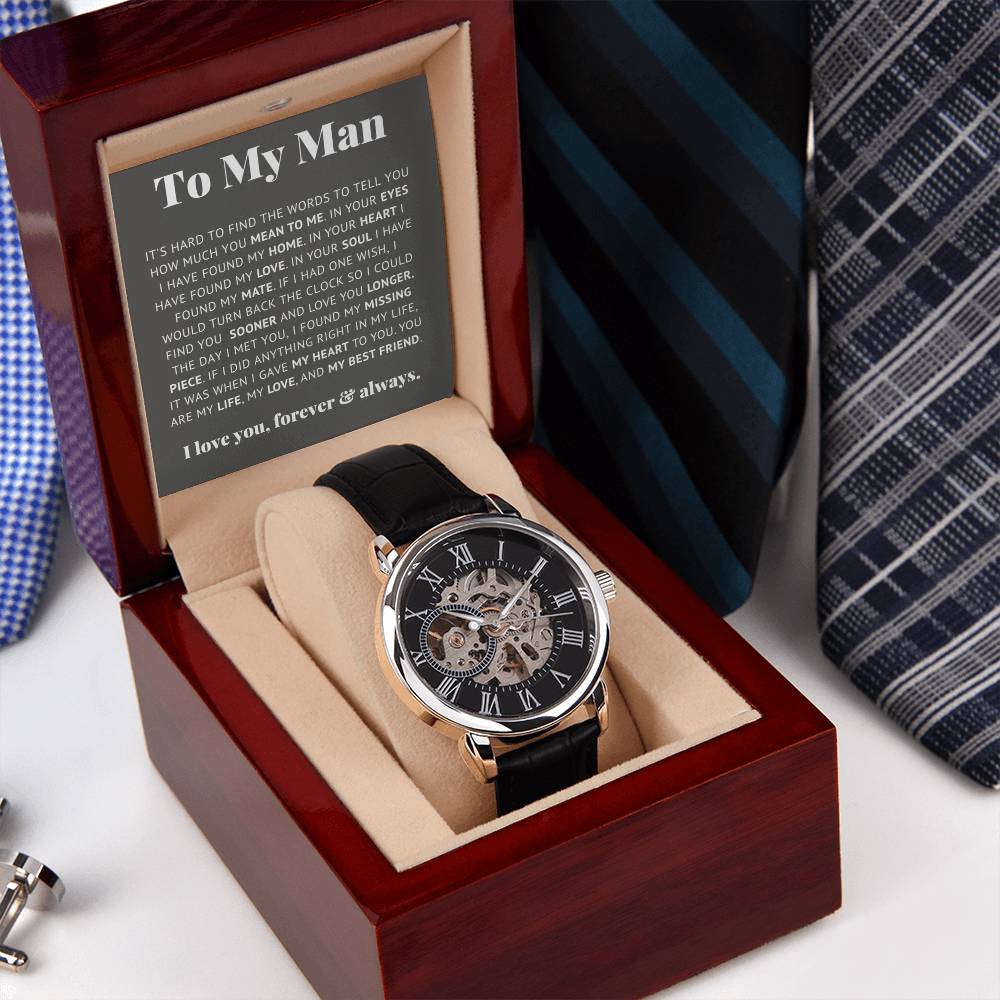 Luxury Openwork Watch Gift for Him Romantic Skeleton displayed in a gift box with a heartfelt message.