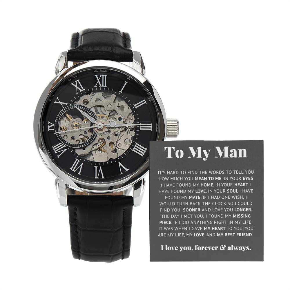 Luxury Openwork Watch Gift for Him Romantic Skeleton with heartfelt message card for romantic occasions.