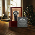 Openwork Skeleton Watch Gift with Love Message displayed in a wooden box with a heartfelt note for a son.