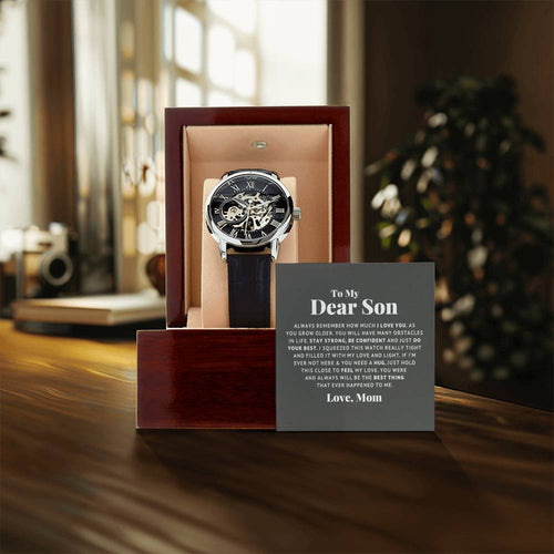 Openwork Skeleton Watch Gift with Love Message displayed in a wooden box with a heartfelt note for a son.