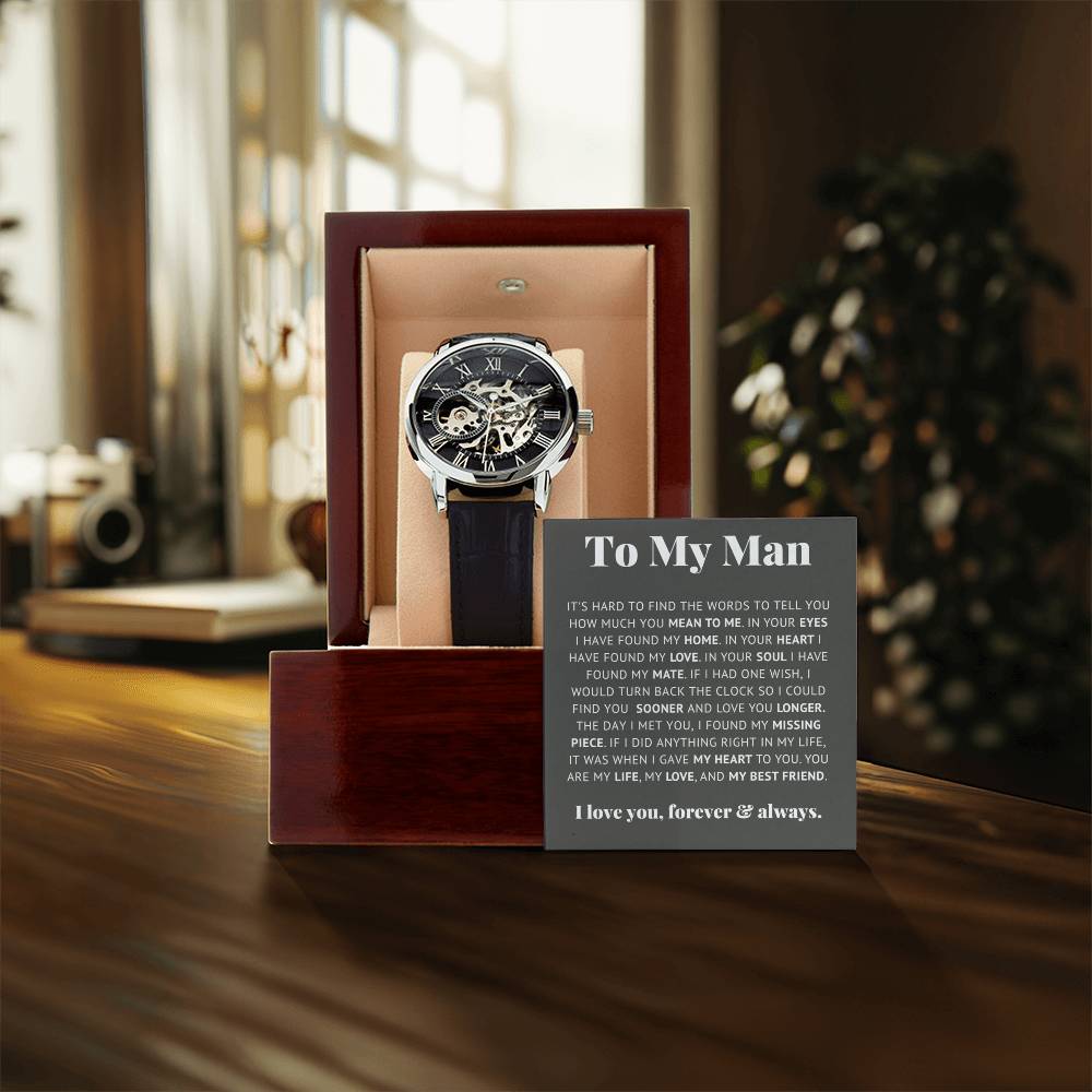 Luxury Openwork Watch Gift for Him Romantic Skeleton displayed in a wooden box with heartfelt message to my man.