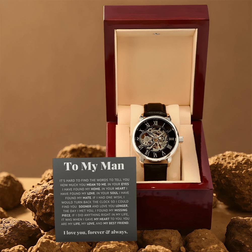 Luxury Openwork Watch Gift for Him Romantic Skeleton presented in a luxury box with heartfelt message card.