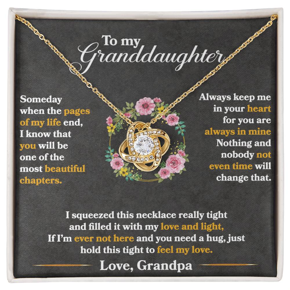 To my Granddaughter Love Knot Necklace gift in a box with heartfelt message and beautiful pendant.