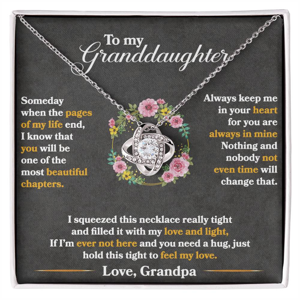 Love Knot Necklace gift for granddaughter presented in a heartfelt box with sentimental message and floral design.