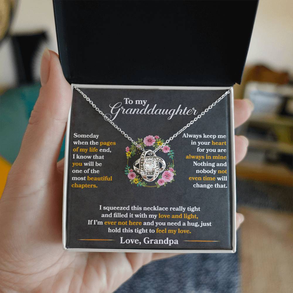 Love knot necklace gift displayed in a heartfelt gift box for granddaughter with emotional message from grandpa.