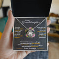 Love knot necklace gift displayed in a heartfelt gift box for granddaughter with emotional message from grandpa.