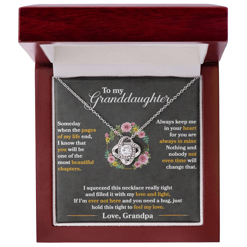 Love knot necklace gift in a gift box with heartfelt message for granddaughter from grandpa.