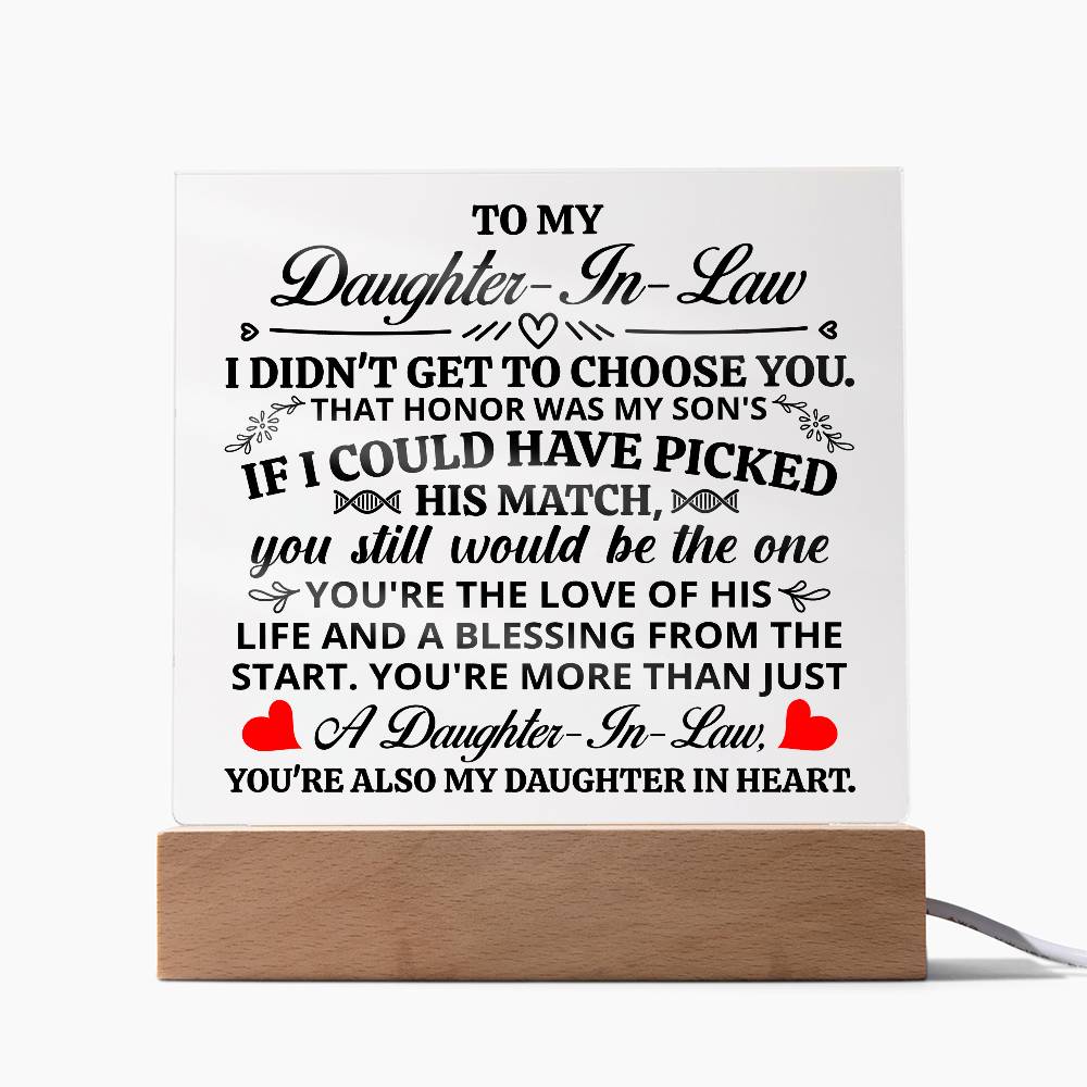 Acrylic plaque for daughter-in-law featuring a heartfelt message on premium clear acrylic with wooden base.