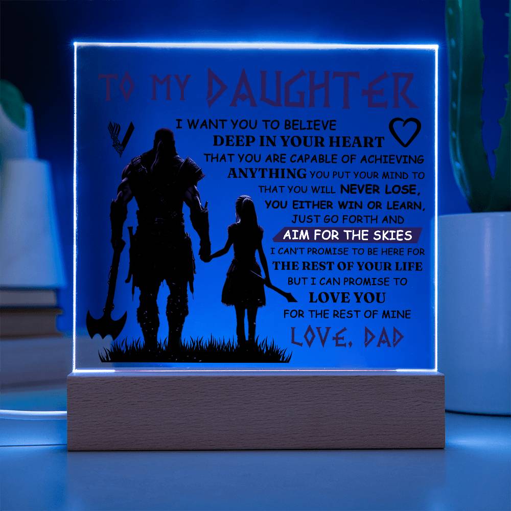 Acrylic plaque for daughter with heartfelt message and LED base, perfect for home decor.