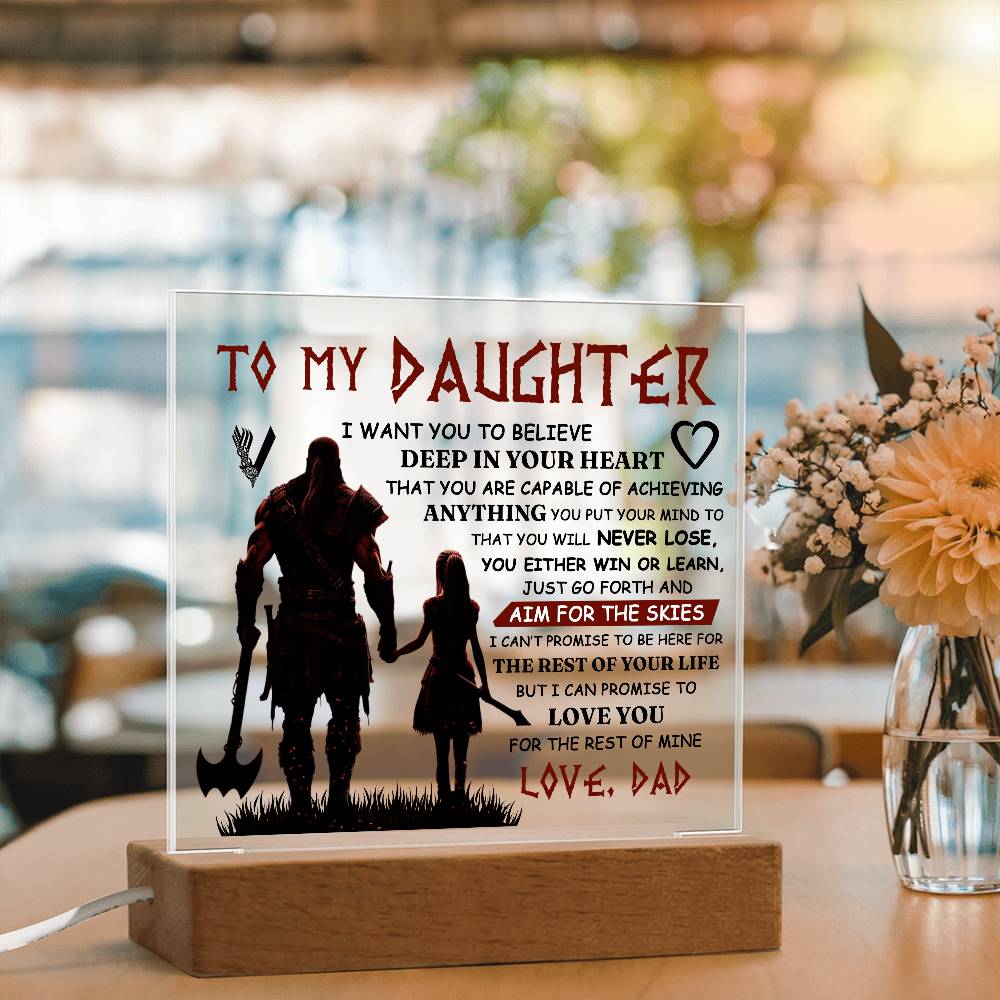Acrylic plaque for daughter with heartfelt message and silhouette design, displayed on wooden base.